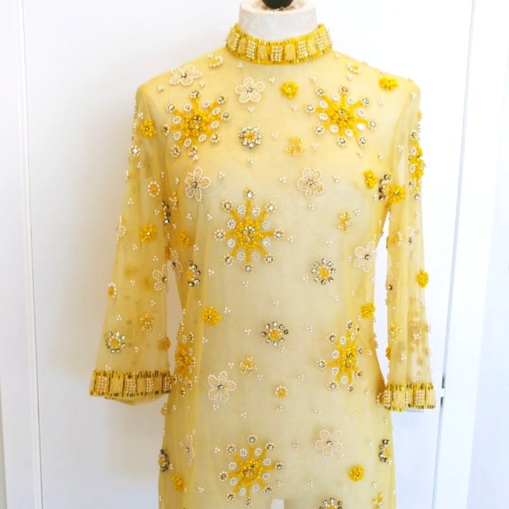 Vintage Yellow Beaded Tunic W Sequins, Stand Collar and Bell Cuffs, Size 10